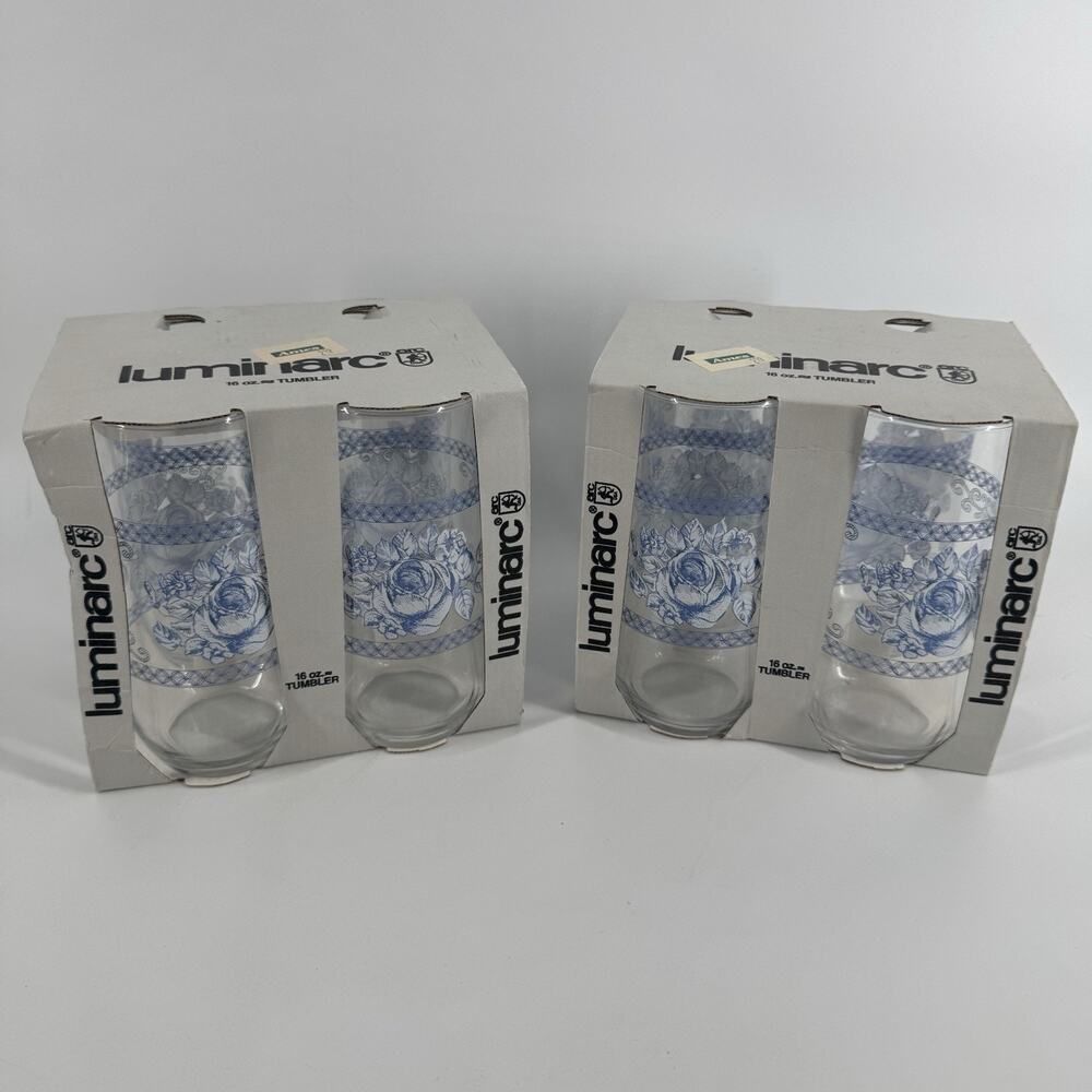 4 Luminarc Honorine NOS 16 Oz Tumbler Blue Rose Floral Vtg Granny Country Core